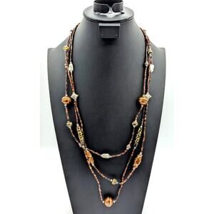 Chico's Art Glass Brown/Copper Silver Tone Bead Three Strand Tribal 32" Necklace